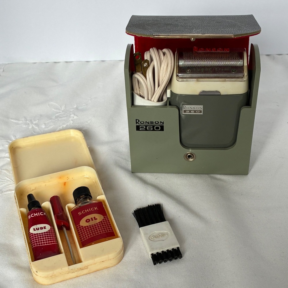 *Works* Ronson Electric Shaver Green 260 Vtg w/ Case 1960s Barber Shop Retro